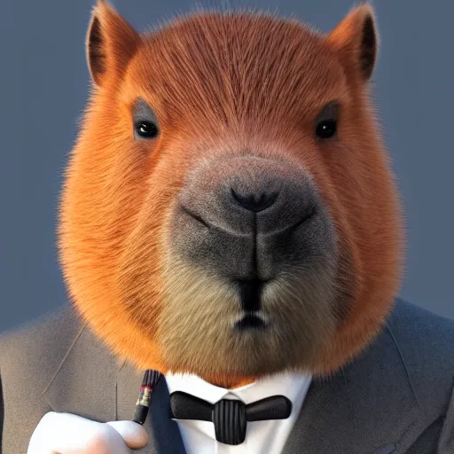 Image similar to a high quality photo of an antropomorphic capybara wearing a suit smoking a cigar, 3d scene, render, ultra realistic, artstation, cgsociety