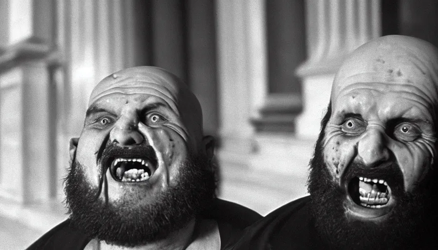 Prompt: 1 9 6 0 s movie still close - up of chrysippus of solis hysterically laughing on the floor mouth flooded with blood in a neoclassical marble room, cinestill 8 0 0 t 3 5 mm b & w, high quality, heavy grain, high detail, dramatic light, anamorphic, detailed beard, by josef sudek