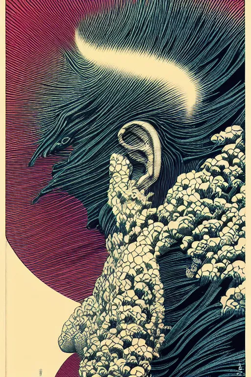 Prompt: a vibrant ultraclear sideview waist up portrait of metalic hokusai by rene magritte, etching by gustave dore, by laurie greasley, colorful flat surreal, ethereal, intricate, sharp focus, illustration, highly detailed, digital painting, concept art, masterpiece