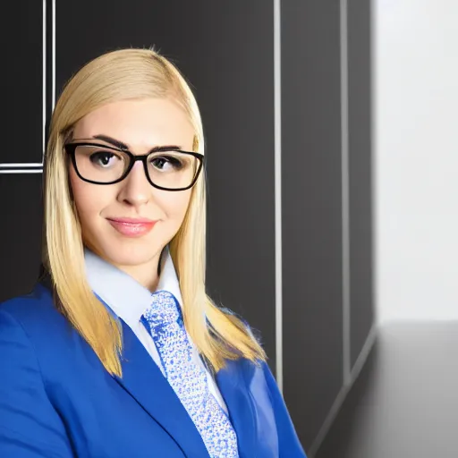 Prompt: a blond accountant female in a blue suit with glasses: a highly detailed uncropped full-color epic corporate portrait photograph. best portfolio photoraphy photo winner, meticulous detail, hyperrealistic, centered uncropped symmetrical beautiful masculine facial features, atmospheric, photorealistic texture, canon 5D mark III photo, professional studio lighting, aesthetic, very inspirational, motivational. By Karen L Richard Photography, Photoweb, Splento, Americanoize, Lemonlight