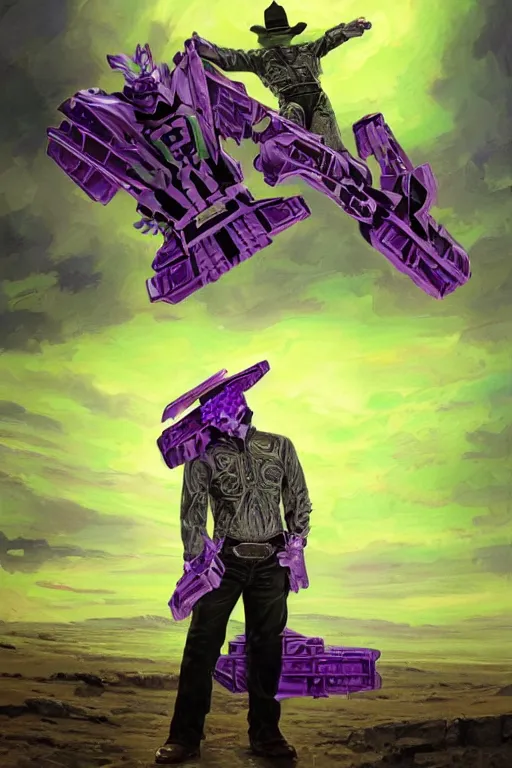 Image similar to portrait of cowboy johnny cash as purple green optimus prime from transformers surfing tonic fluids on guitar zord ufo hoverboard, intricate, highly detailed, smooth, artstation, digital illustration by Ruan Jia and Mandy Jurgens and Artgerm and Wayne Barlowe and Greg Rutkowski and Zdislav Beksinski