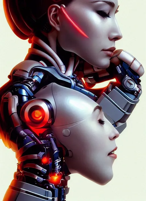 Image similar to portrait of a cyborg woman who turns her head to the ((((((right))))) left+250 (((((up))))) (((((down))))) by Artgerm,eyes closed , biomechanical, hyper detailled, trending on artstation