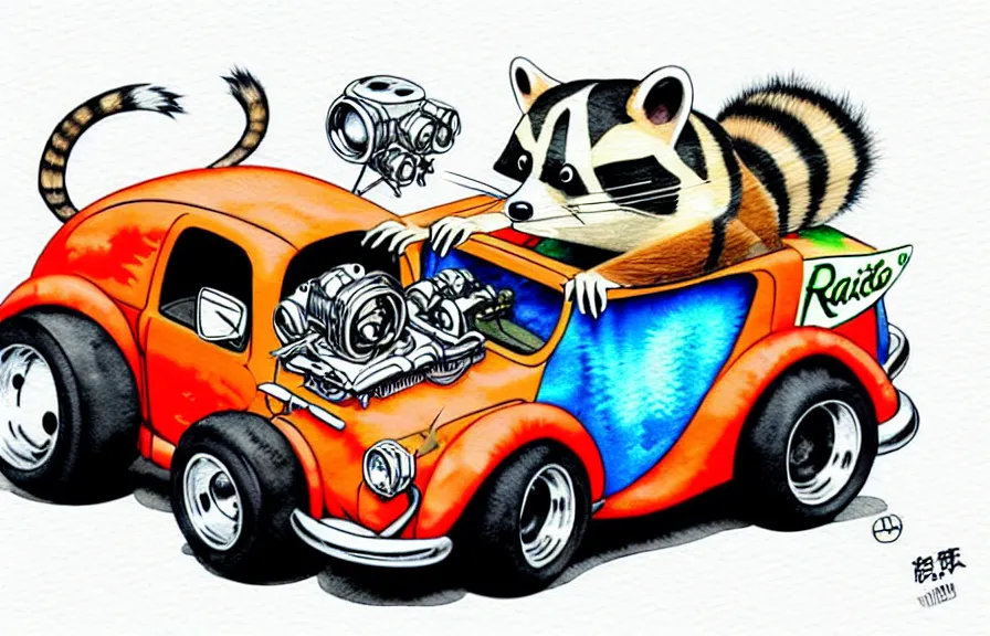 Image similar to cute and funny, racoon riding in a tiny hot rod coupe with oversized engine, ratfink style by ed roth, centered award winning watercolor pen illustration, isometric illustration by chihiro iwasaki, edited by range murata