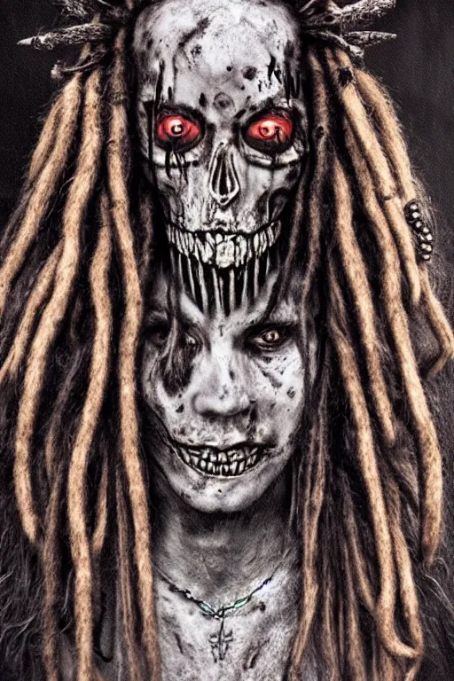 Prompt: a photorealistic of horror shaman with dreadlocks in sacrament of death and destruction