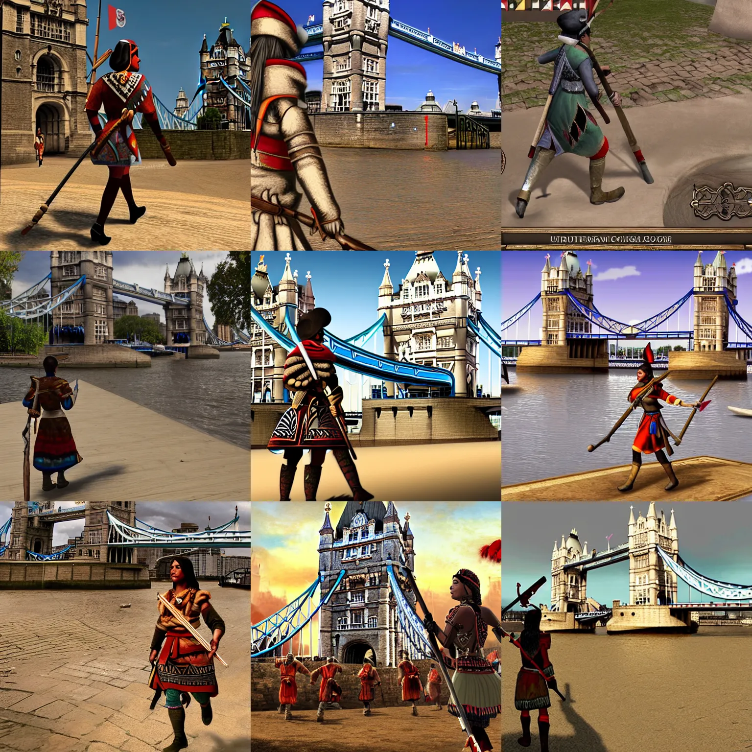 Prompt: An Aztec female soldier walking toward Tower Bridge with a club, loading screen artwork for the game 'Europa Universalis 4'