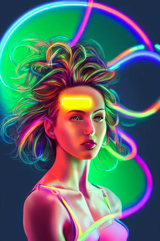 Image similar to a award winning half body portrait of a beautiful woman with stunning eyes in a croptop and cargo pants with rainbow colored ombre hairstyle head in motion and hair flying by thomas danthony, surrounded by whirling illuminated neon lines, outrun, vaporware, shaded flat illustration, digital art, trending on artstation, highly detailed, fine detail, intricate