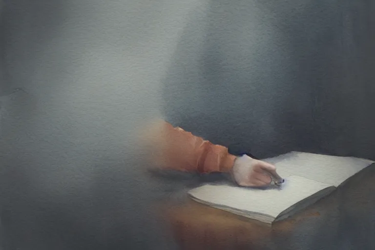 Image similar to a watercolor painting of a man writing in a large leather notebook in a foggy room by jama jurabaev, cinematic shot, trending on artstation, high quality