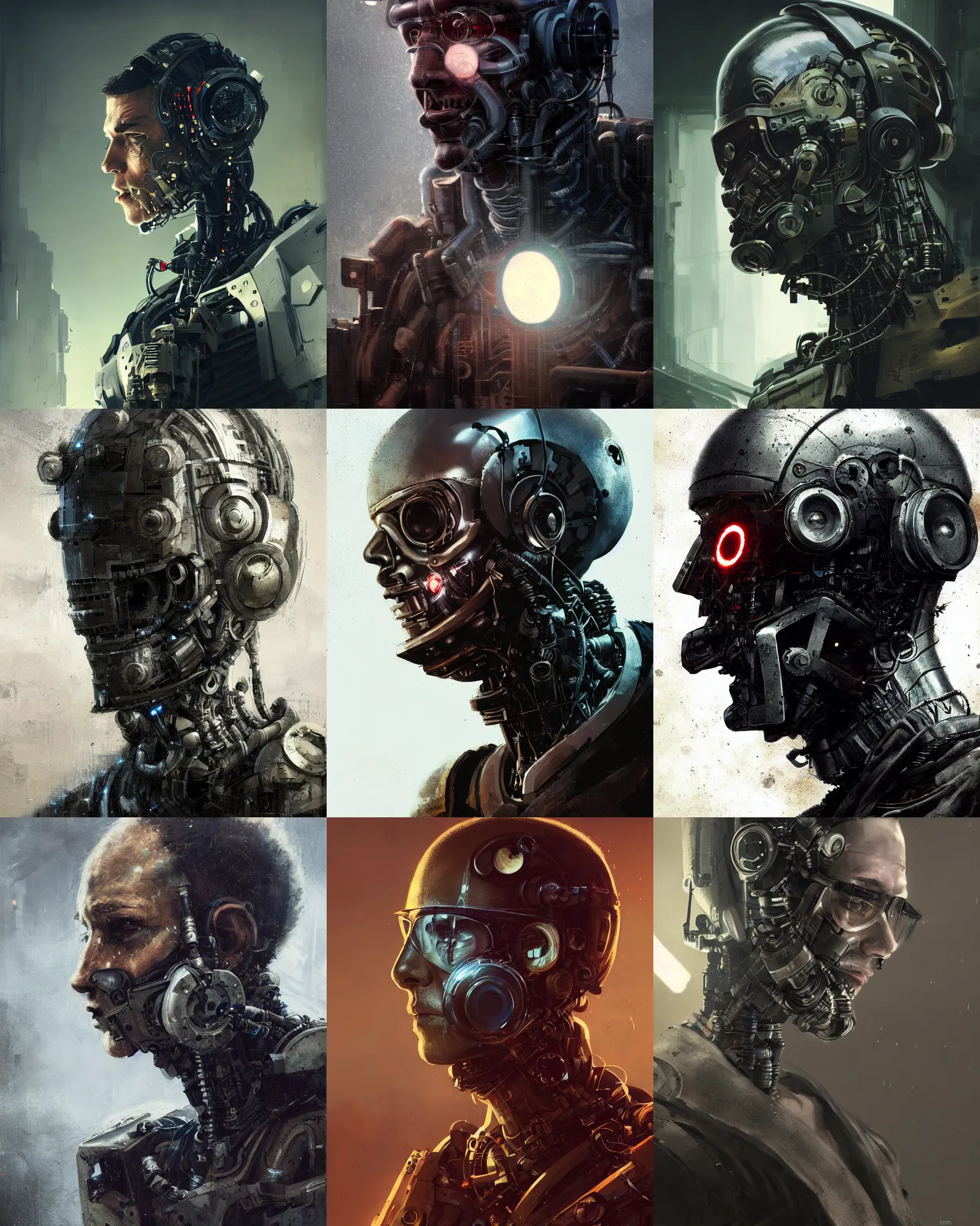 Image similar to a half - masked rugged young laboratory engineer man with cybernetic enhancements as seen from a distance, scifi character portrait by greg rutkowski, esuthio, craig mullins, 1 / 4 headshot, cinematic lighting, dystopian scifi gear, gloomy, profile picture, mechanical, half robot, implants, steampunk