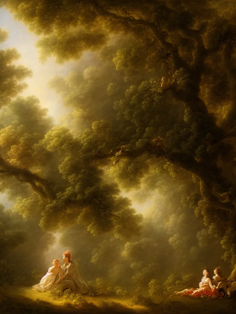 Image similar to portrait of the secret lovers kissing against a tree, shaded forest, volumetric light, afternoon, light wind, wild flowers, chiaroscuro, john longstaff, jean - honore fragonard, francois boucher, anna dittmann, 4 k