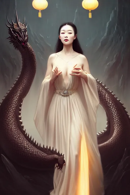 Image similar to chinese princess in a long silk dress, pale, beautiful symmetric face, kissing a black giant dragon, fantasy art, highly detailed art, cinematic atmosphere, volumetric lighting, glow, trending on artstation, by wlop, by le vuong, by tom bagshaw