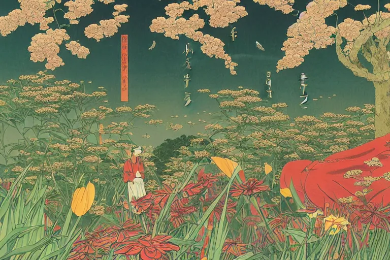 Image similar to gigantic cats catch gigantic dragonflies, a lot of exotic flowers around, heads are all over the ground, acid and dreaming psychedelic hallucinations, by kawase hasui, dirtyrobot, edward hopper, satoshi kon and moebius, colorful flat surreal design, super - detailed, a lot of tiny details, fullshot