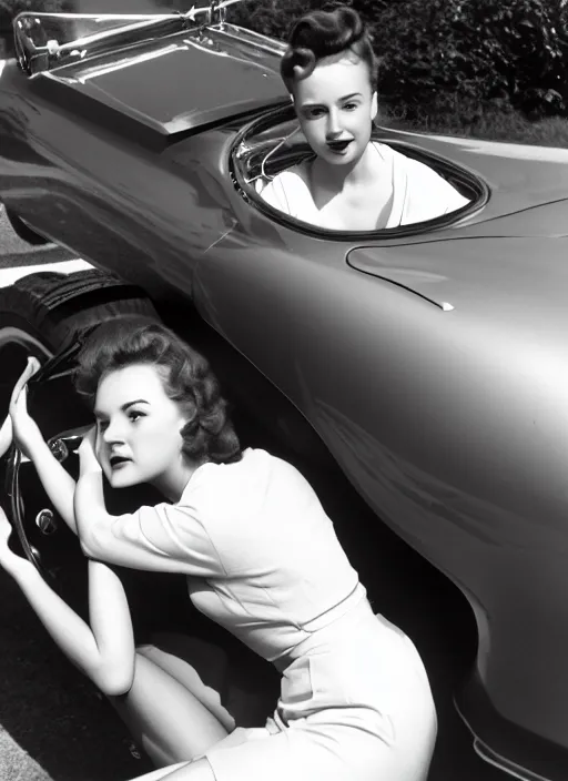 Image similar to Young woman sitting on a sports car, 1950s award winning photo highly detailed, highly in focus, highly life-like, facial closeup taken on Arriflex 35 II, by stanley kubrick