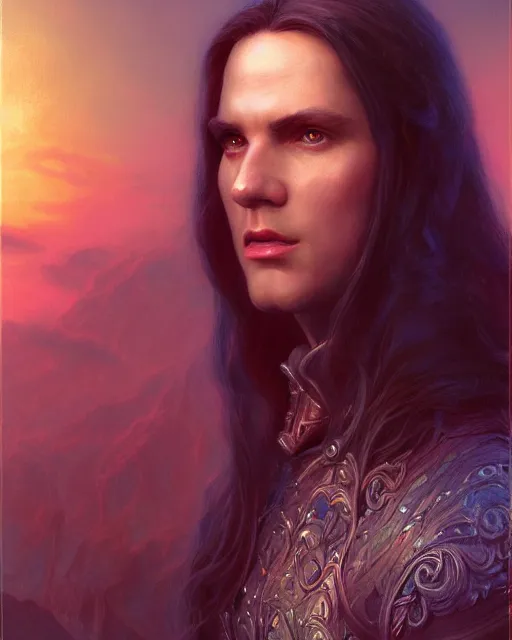 Image similar to portrait of glamor figwit | middle earth background | highly detailed | very intricate | professional model | cinematic lighting | painted by donato giancola and mandy jurgens and charlie bowater | bold colors, artdeco, art deco outrun anime aesthestic, 8 0's nostalgia | featured on artstation