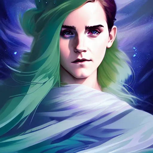 Image similar to style artgerm, joshua middleton, emma watson as a warrior monk wearing green pelt light amor, blue hair, swirling water cosmos, fantasy, dnd, cinematic lighting