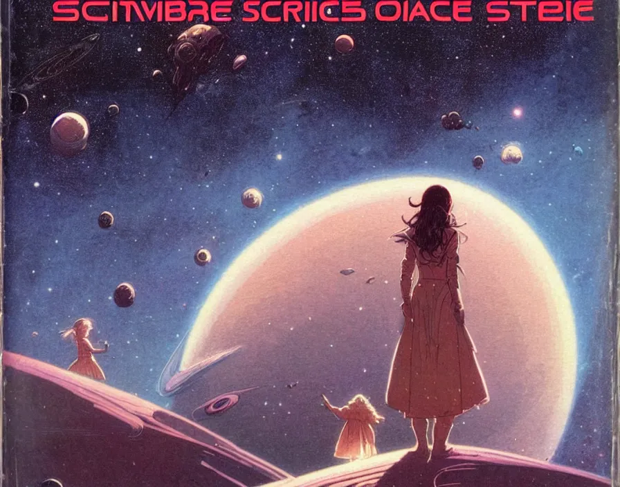 Image similar to illustrated by moebius and greg rutkowski, romantic!!! space scene!! with standing young girl!!!!, orbit of earth!, futuristic orbital station!!!!, nebulae!!, starry sky!!, rule of third!!!!, vintage cover of sci - fi magazine, cinematic!!