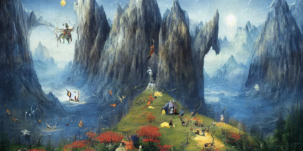 Prompt: beautiful Veduta painting gothic painting of a beatiful scenic mountain range surrounded by bright Ultramarine diamonds, by Esao Andrews and Peter Gric and Hieronymus Bosch and De Es Schwertzberger