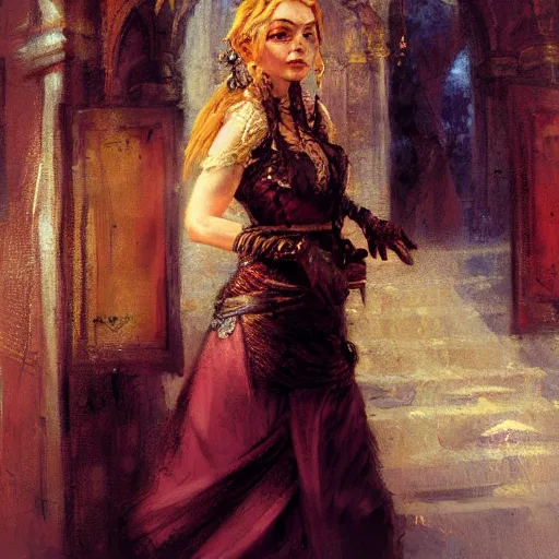 Image similar to a scrappy renaissance thief woman, looking around a corner, fantasy character portrait by gaston bussiere, craig mullins, greg rutkowski