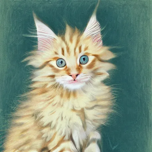 Image similar to a cream - colored maine coon kitten, digital art, abstraction, 1 9 5 0 by willem de kooning