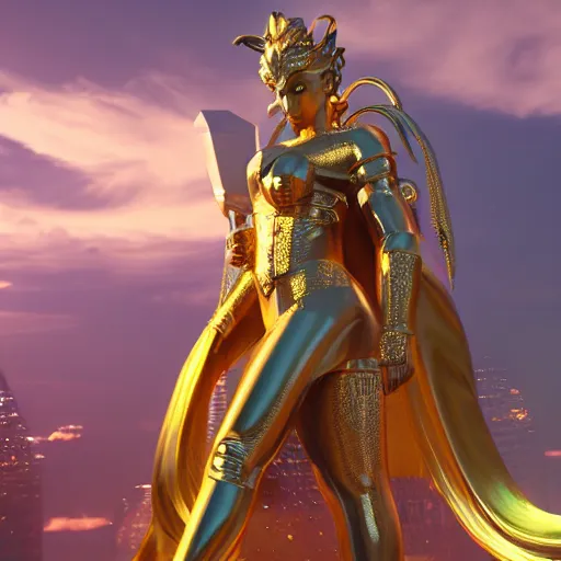 Prompt: beautifull goddess of thunder in golden armor, with incredible white and luminous temple behind the scene is in spiritual awaken, divine energy and power of spirit 4 k, 3 d, realistic, octane render cyberpunk color