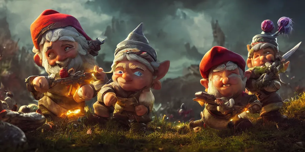 Image similar to An Epic gnome war, realistic 4k octane beautifully detailed render, 4k post-processing, highly detailed, intricate complexity, epic composition, magical atmosphere, cinematic lighting, masterpiece, ultra hd