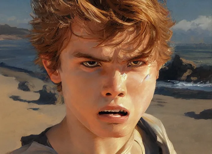 Image similar to a highly detailed beautiful portrait of 2 0 years old anakin skywalker hissing at sand, by gregory manchess, james gurney, james jean