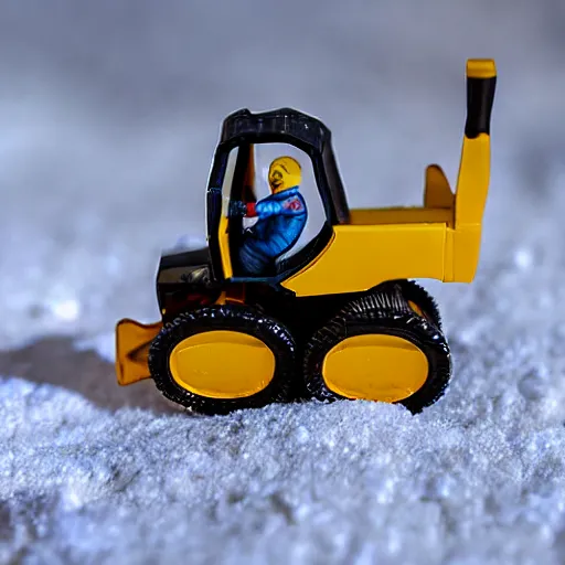 Image similar to toy space excavator riding on snow, 3 3 mm close up photo