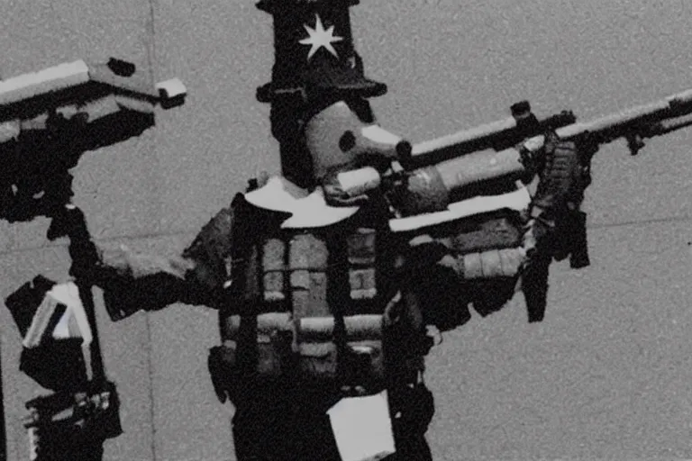 Prompt: heavily armed donald the duck, bulletproof vest, security cam footage, associated press, grainy, black and white