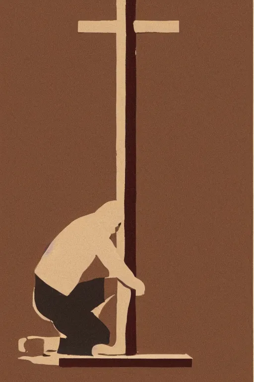 Image similar to man kneeling at the base of a wooden cross, 1960’s minimalist advertising illustration, painterly