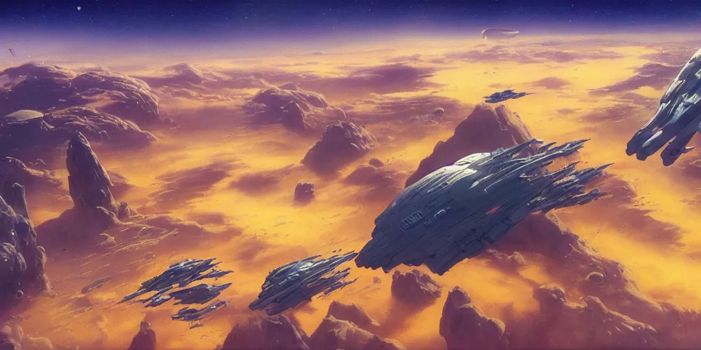 Prompt: spaceships are flying over a science-fiction planet, top shop, seen from above, beautiful matte painting, Moebius, Roger Dean, Arstation, Arstation, Artstation