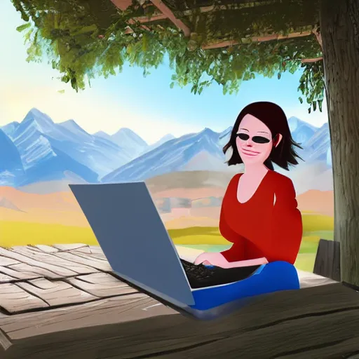 Prompt: illustration of a smiling female software developer sitting outside in front of a modern campus building working on a laptop with beautiful mountains in the background, digital art, high detail, summer, alps, 4k, cartoon