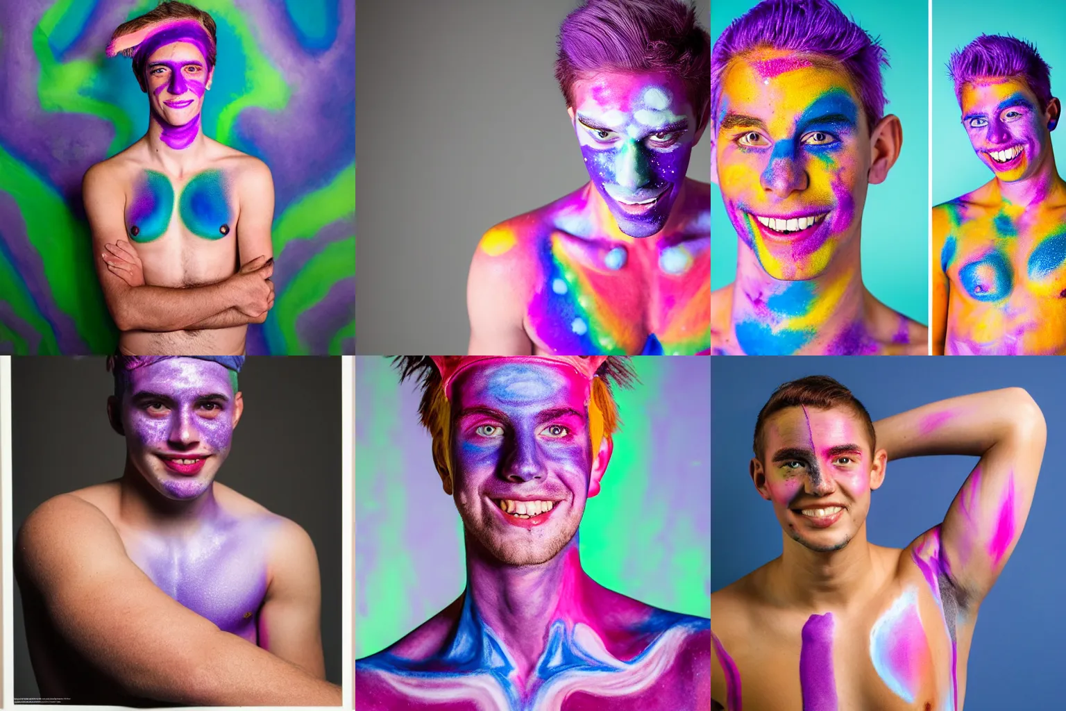 Prompt: large full format portrait of a young university student with light freckles wearing his violet basecap and tanktop and with body paint, he is smirking shyly into the camera for a cover of a gay print magazine, kodak portra 4 0 0, f 1. 4, award winning photograph, colorful studio light