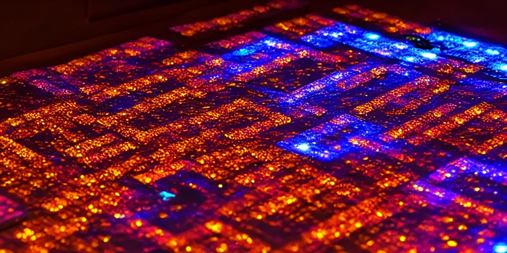 Image similar to 9-track machines made of digital grids and glowing stones with embedded LEDs. amber glowing screens.