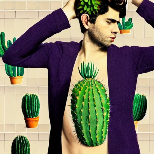 Image similar to Collage art, Young Spanish man, Art by Joshua Middleton, socks, Rene Magritte, underpants, Morrocan tiles, half a lime, cactus, succulent plants Chalk white skin, deep purple hair, Green eyes, Orange background, Mucha, Portrait of the man, surreal, ,carbon black and antique gold