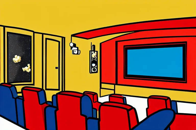 Prompt: wide view, a modern home movie theater with big screen, comfortable, stylish decor, popcorn machine!, movie posters!, very happy, interior designed by kelly wearstler, rough color pencil illustration