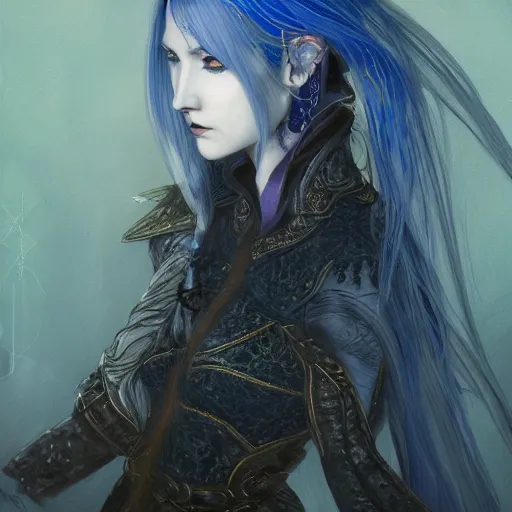 Prompt: portrait of a ranni the witch from elden ring, blue hair, baroque style, elegant, beautiful, mesmerizing, concept art, highly detailed, artstation, behance, deviantart, inspired by innocent manga, inspired by castlevania concept art, trending, ayami kojima, shinichi sakamoto