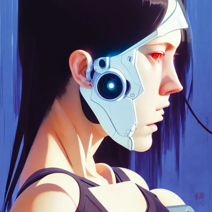 Image similar to side portrait of cyborg girl with robotic parts | | head only, audrey plaza, fine detail!! anime!! realistic shaded lighting!! poster by ilya kuvshinov katsuhiro otomo ghost - in - the - shell, magali villeneuve, artgerm, jeremy lipkin and michael garmash and rob rey