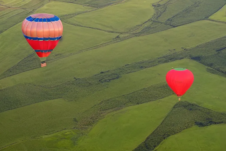 Image similar to aerial photography, scotland, hot air balloon shaped like a hamburger, dusk