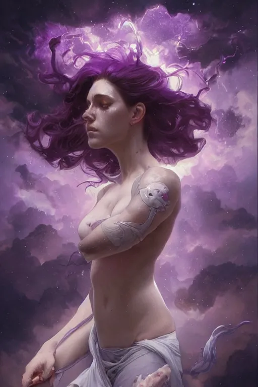 Prompt: A mystical mesmerizing 8k hyperrealistic taurus, transforming into a purple haze, soft, sharp focus, detailed, art by Greg Rutkowski and artgerm and Alphonse Mucha