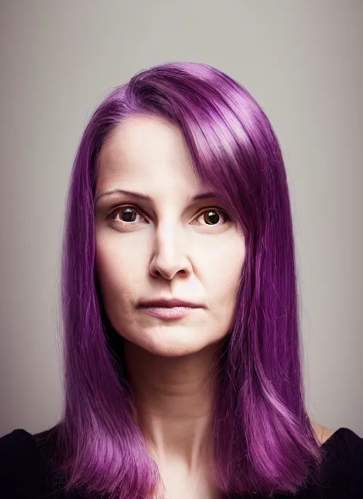 Prompt: portrait of a woman, symmetrical face, violet hair, she has the beautiful calm face of her mother, slightly smiling, ambient light