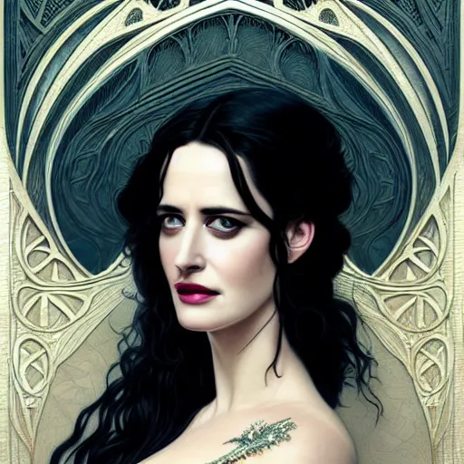 Prompt: beautiful detailed picture of eva green as yennefer, radiant light, art nouveau, intricate, elegant, highly detailed, symmetrical face, my rendition, digital painting, artstation, concept art, smooth, sharp focus, illustration, art by artgerm and greg rutkowski and alphonse mucha