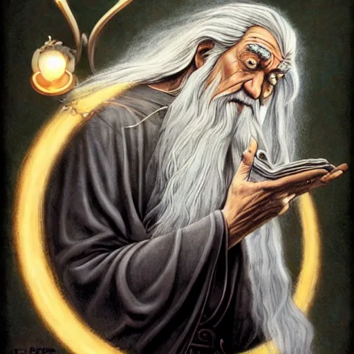 Image similar to Gandalf pondering his palantir by Todd Lockwood