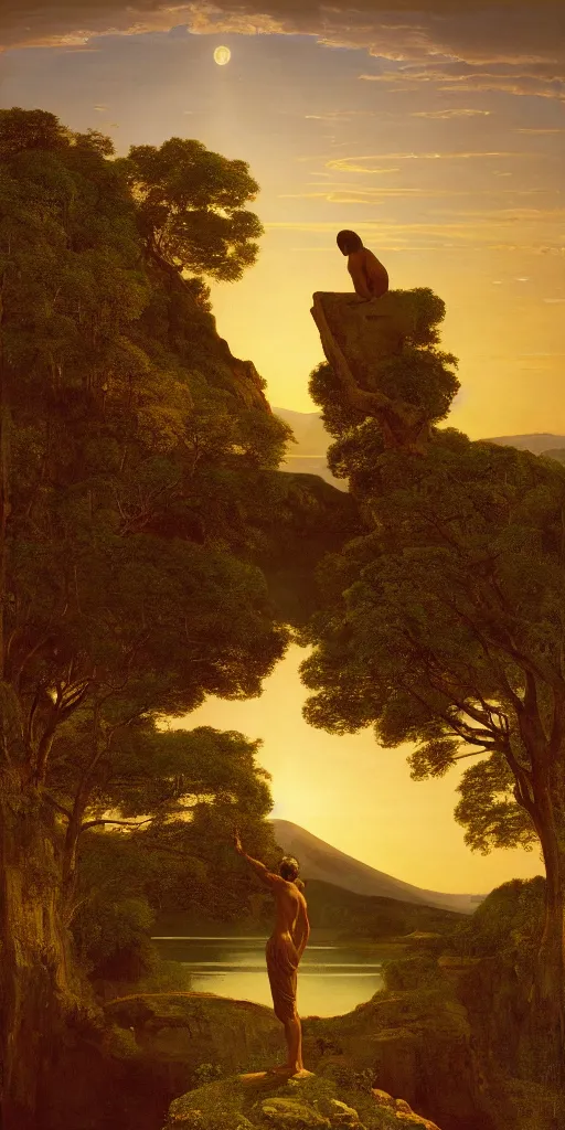 Image similar to symmetry!! god overlooking a surreal landscape of a dream, lucid dream, people, very detailed, serene, peaceful, golden hour, perfect lighting, perfect composition, digital art, illustration, frederic edwin church, giorgio de chirico, 4 k