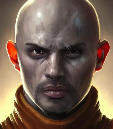 Image similar to unattractive, bald and unsympathetic Human_fighter!, He has 6 scares on his face, and a bloodthirsty look in his eyes. full_body!!, dungeons and dragons portrait, highly detailed, digital painting, artstation, concept art, sharp focus, illustration, art by artgerm and greg rutkowski and alphonse mucha