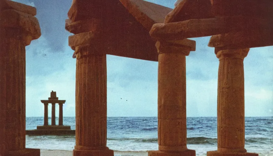 Image similar to A 1985 vintage magazine architecture photo of a beach doric temple, mediterranean architecture, refracted lines and sparkles, thunderstorm outside, beach on the background major arcana sky and occult symbols, hyperrealistic, award-winning, 1985