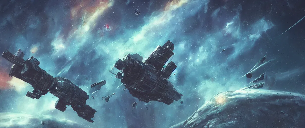 Prompt: concept art, exploration spaceship drifting in space, the expanse tv series, industrial design, immensity, alone in a nebula, space debris, cinematic lighting, low contrast, low saturation, 4k, anthem game inspiration, widescreen ratio, wide angle, beksinski, simon stalenhag, sharp edges, mechanical design, film grain
