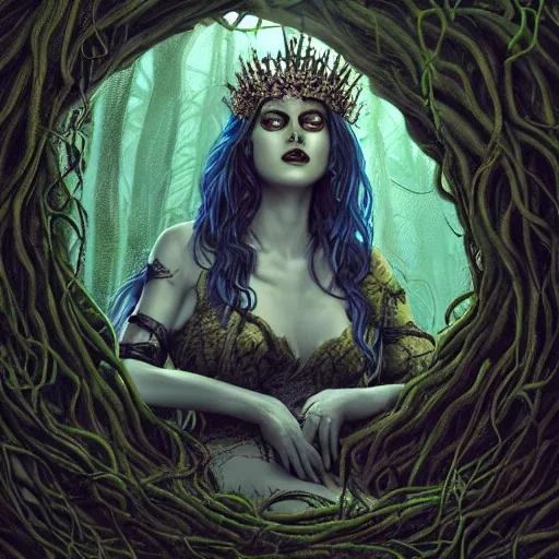 Prompt: dramatic portrait of the dark queen of snakes wearing a crown of snakes, blue skin, realism, dark fantasy illustration, surrounded by vines in a dead forest, dynamic lighting, octane render, artstation
