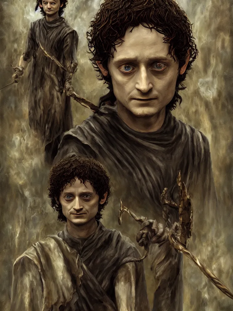 Image similar to tribute sculpture of elijah wood as frodo, epic dark fantasy horror stylized oil painting by ivan shiskin. trending on artstation