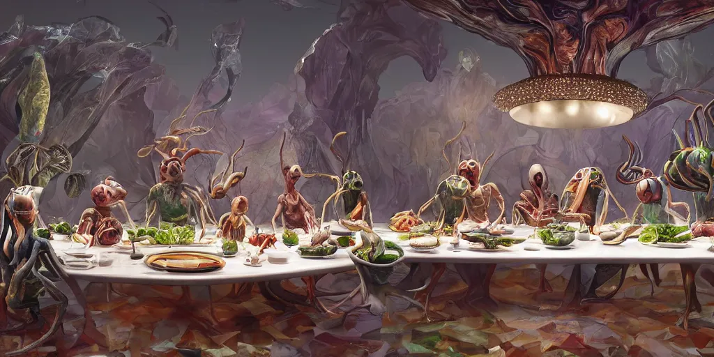 Image similar to !view from the kitchen, behind the chefs we see !13 diverse aliens enjoying a rich salad around a marble table, !positioned as last supper cinematic lighting, crystals and diamonds, fantasy, surreal, floating, highly detalied, 4k, artstation, by Wayne Barlowe