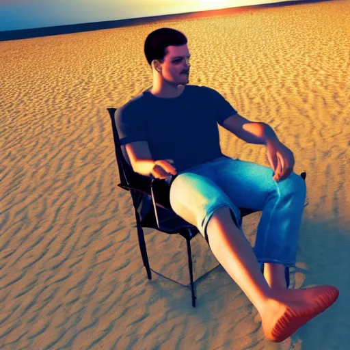 Image similar to a man chilling on the beach drinking golden premium gasoline, realistic, hdr, clear image, hdd, dynamic lighting, rtx on,