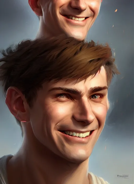 Image similar to a _ fantasy _ style _ portrait _ painting _ of white male short fringe light brown hair short face grinning clean shaven short head, rpg dnd oil _ painting _ unreal _ 5 _ daz. _ rpg _ portrait _ extremely _ detailed _ artgerm _ greg _ rutkowski _ greg